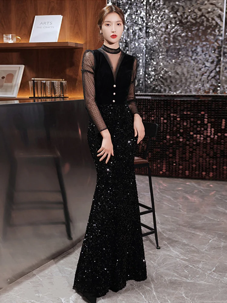 

Черный Новое одеяло «хвост русалки» Из вечернее платье с соединением внакрой Длинный Рукав Полу-Длина вечерние платье Для женщин Vestidos De Fiesta...