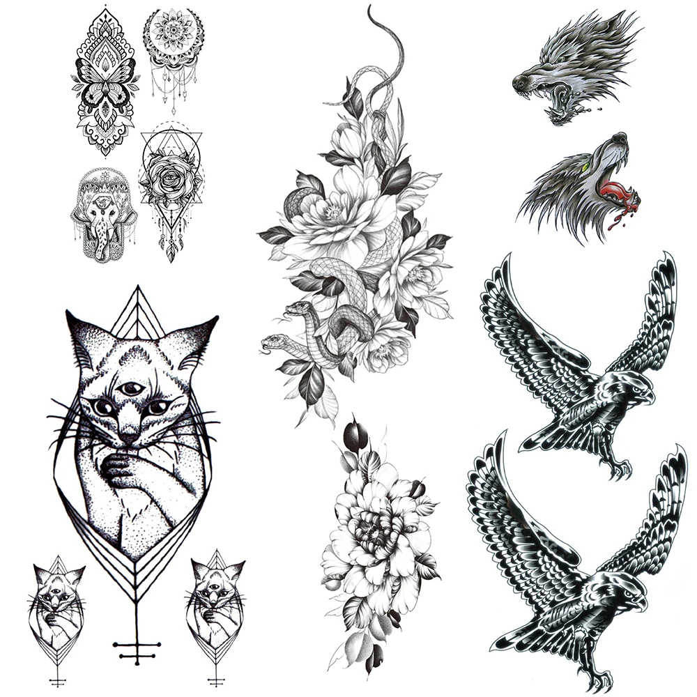 

Временные татуировки со змеиным цветком для женщин, черная хна, искусственная Геометрическая кошка, Орлан, Лев, тату боди-арт, нагрудная рук...