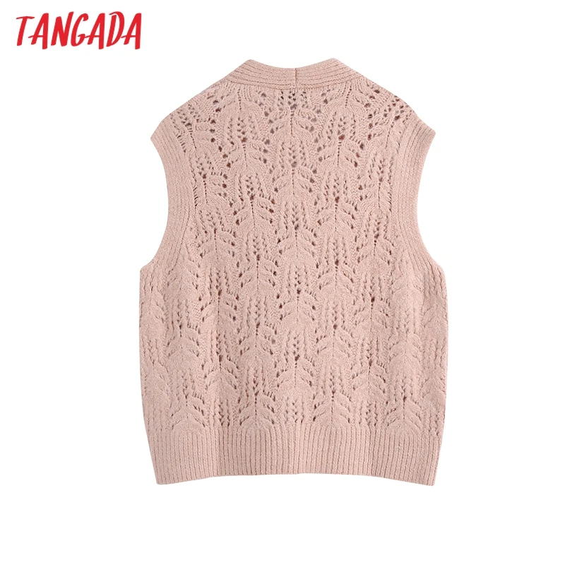 

Tangada Women Pink Hollow Oversized Knitted Vest Sweater Beading Buttons Sleeveless Female Waistcoat Chic Tops BE255