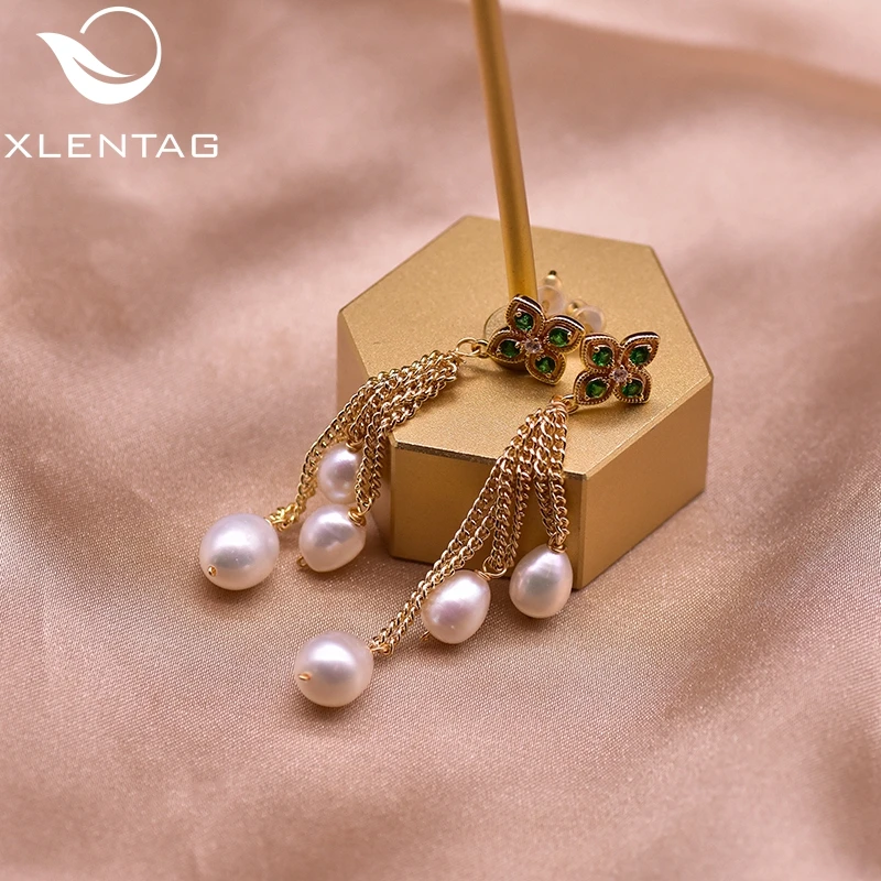 XlentAg Natural Pearl Tassel Pendant Dangle Earrings Green Zircon Women Party Gift Earing Stud Peasonalized Jewelry GE0932 | Украшения и