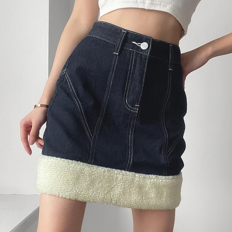

Retro Spring 2021 New Lamb Hair Splicing High Waist Slim Denim Short Skirt Women Sexy Women's Jeans Skirt Winter Fashion