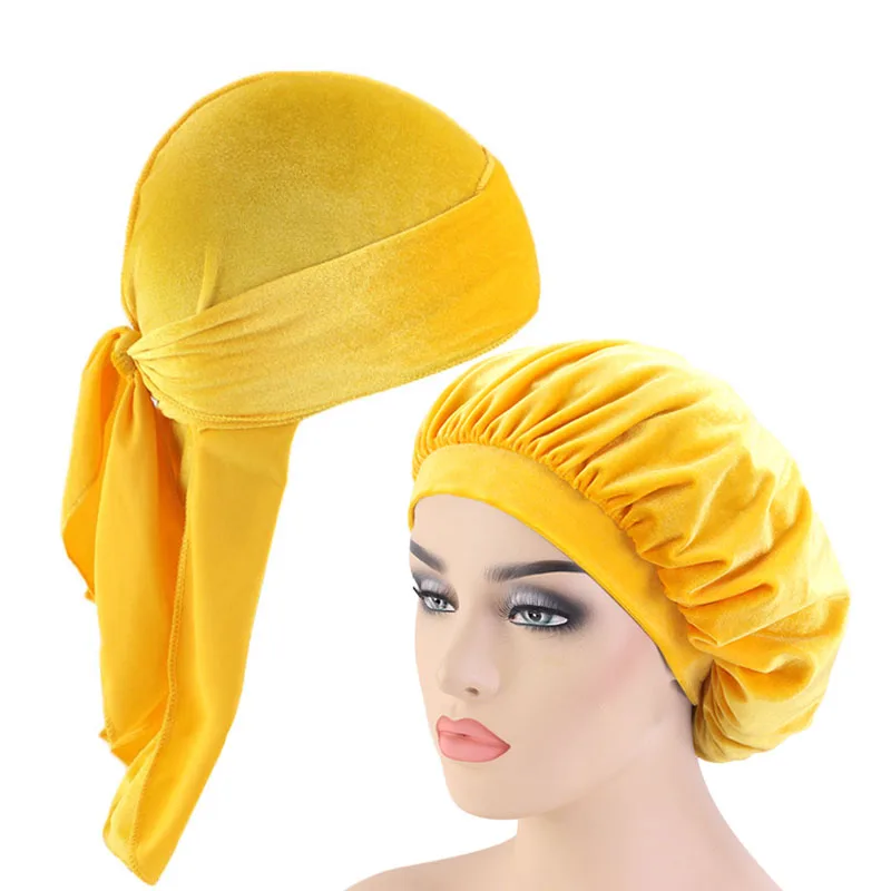 

2pcs/lot Unisex Velvet Durag And Bonnet Set Women Sleep Cap Doo Rag Mens Long Tail Durag Breathable Bandana Chemo Hat Headwear
