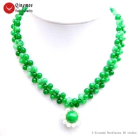 qingmos 24mm flower pearl pendant necklace for women with 6mm dark green jades 3 strands necklace handwork weave 18 chokers
