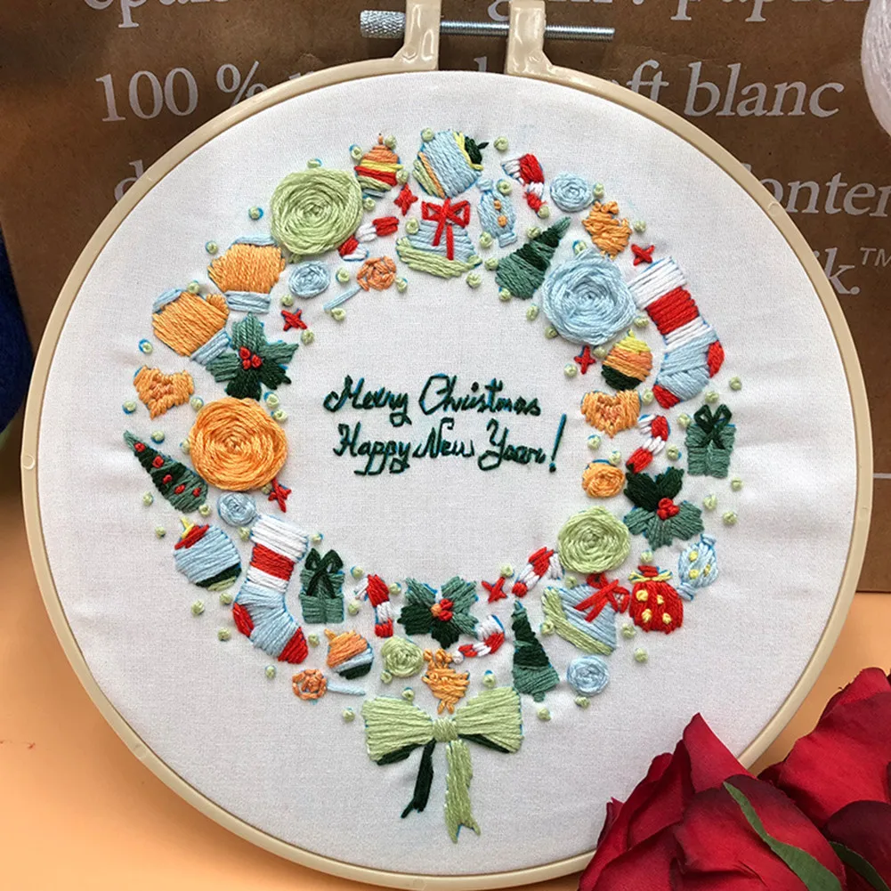

Merry Christmas Embroidery DIY Kit Cross Stitch Set Starter Material Bag Needlework Tools Cotton Linen Cloth Round Hoop Sewing