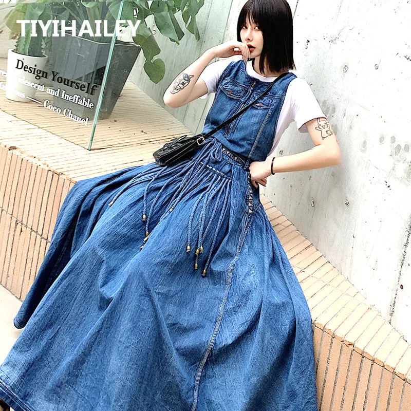 TIYIHAILEY/бесплатная доставка Новинка Длинное джинсовое платье макси без рукавов с