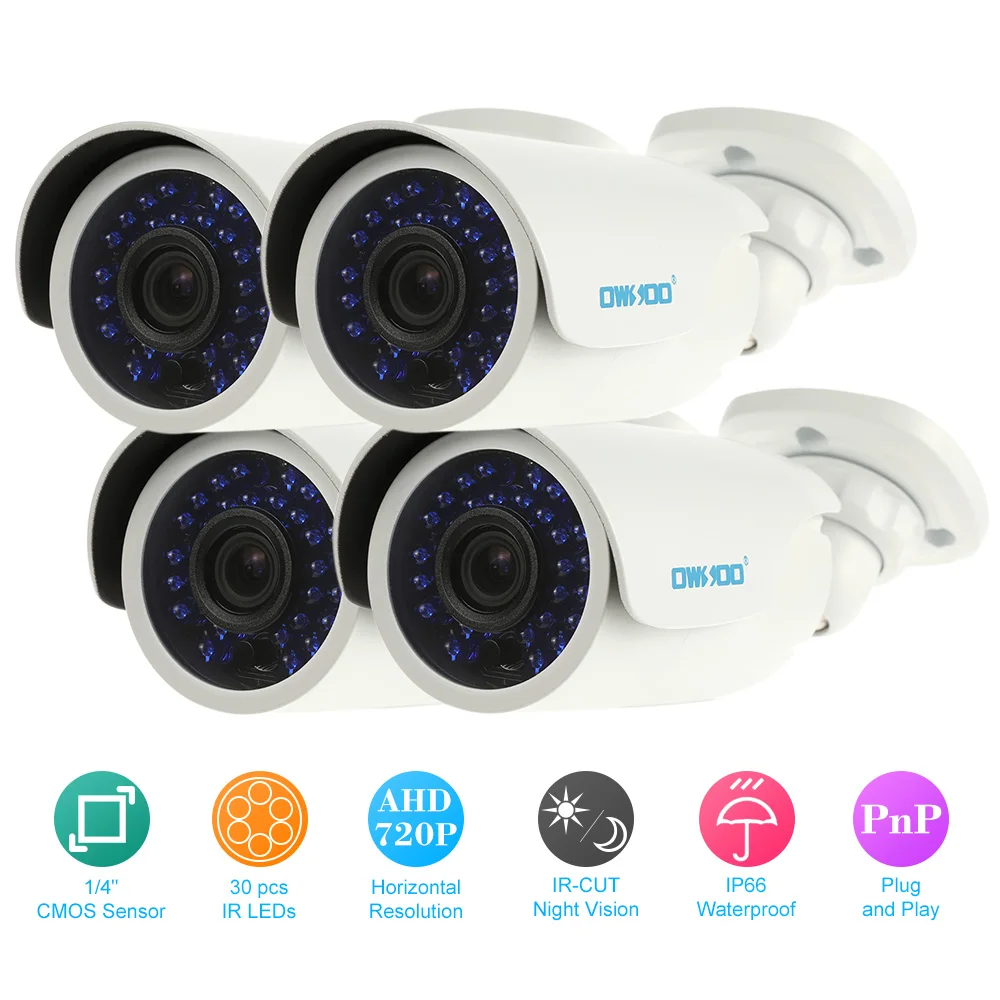 Камера видеонаблюдения OWSOO AHD 720P 1500TVL 4 шт. с кабелем для 4*60 футов | Безопасность и