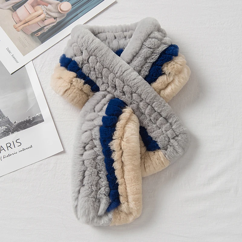 Шарф женский настоящий мех кролика длинный вязаный из натурального меха S7710 |