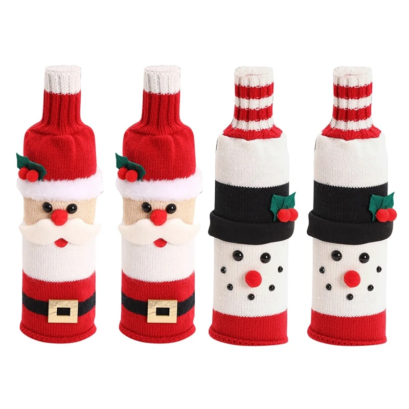 

4 Pcs Cute Christmas Wine Bottle Cover Knitted Wine Bottle Sweater for Holiday Party Christmas Table Home Decoration