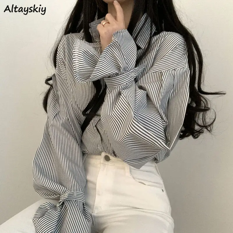 

Flare Sleeve Shirts Women Striped Autumn Fashion New Turn-down Collar Leisure All-match Bandage Baggy Office Ladies Ulzzang Cozy