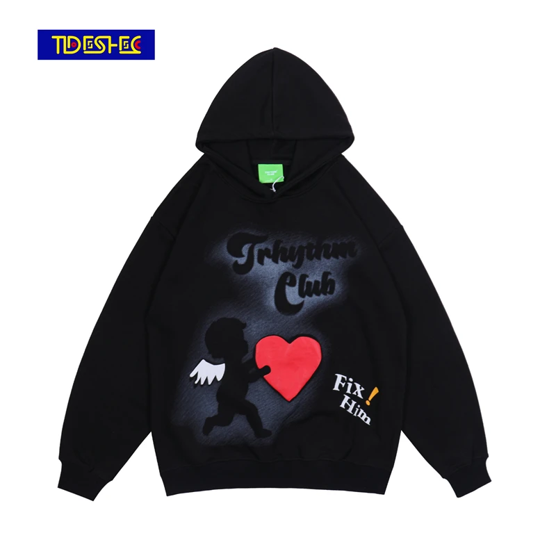 

2021 Harajuku Streetwear Hoodie Men Cartoon Cartoon Love Print Pullovers Couple Harajuku Fashion Varsity Casual Loose Streetwear