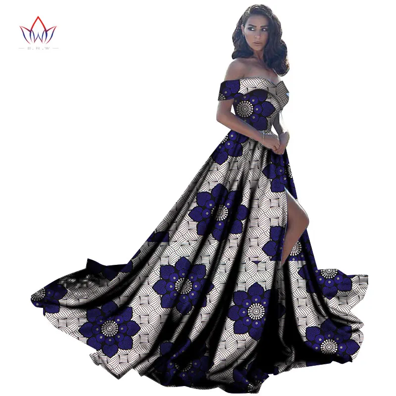 Bintarealwax Summer African Dresses for Women Bazin Off shoulder Party Dress Dashiki  Elegant Long Dress for Female WY2734
