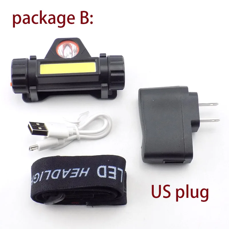 package B US plug Высокая мощность USB Перезаряжаемый фронтальный налобный мини-светильник-вспышка, головной светильник, 2 светодиодный COB XPE аккумулятор, фонарь для бега, кемпинга - Испускаемый цвет: package B US plug