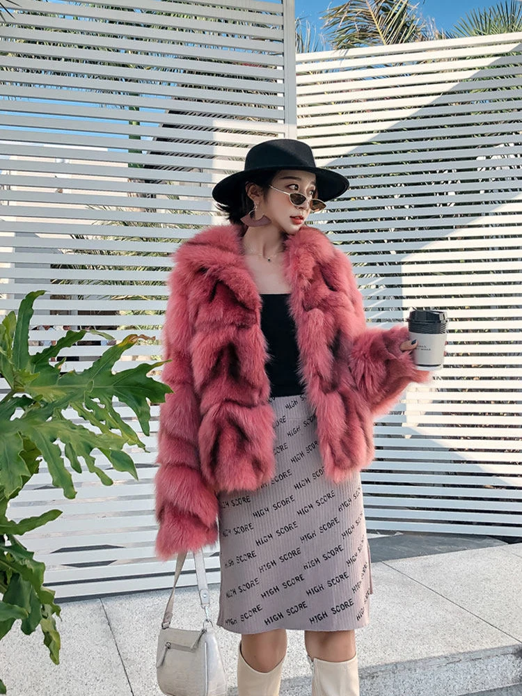 Women Natural Real Fox Fur Short Jacket Coat Winter Warm Long Sleeves Jacket Girl's Casual Overcoat rf1
