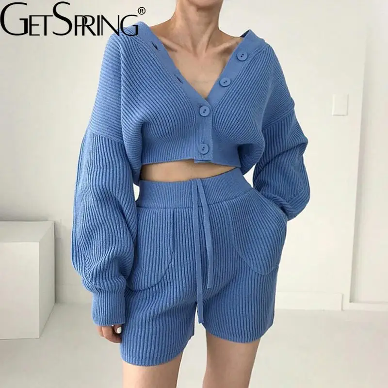 

Женский Брючный комплект Getspring, короткий свитер с рукавами-фонариками, кардиган, пальто, брюки до колена с высокой талией, комплекты на весну...