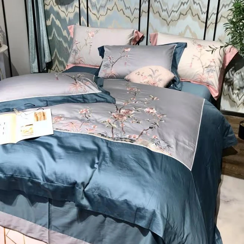 Chic Chinoiserie style Flowers Embroidered Gray Blue Duvet Cover set 600TC Egyptian Cotton 4Pcs Bedding Bed Sheet Pillowcase | Дом и сад