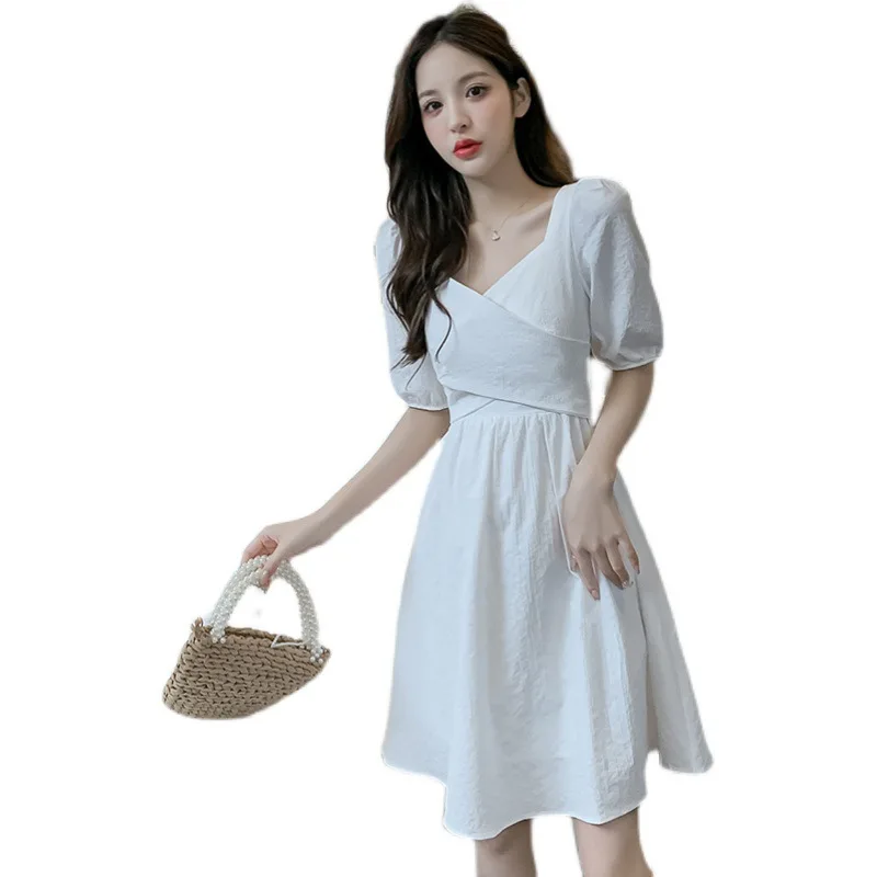 

2021 new spring and summer first love skirt French niche scheming folds waist thin western style puff sleeve dress women