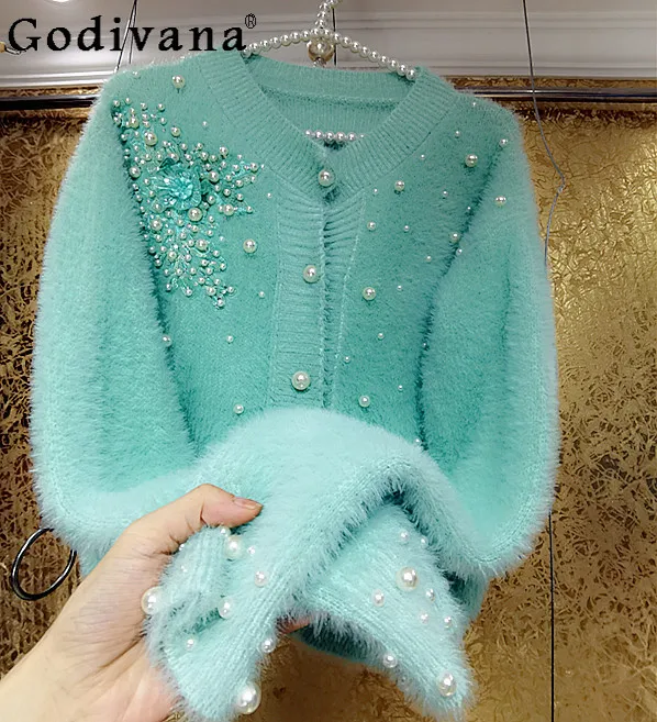 

Женский кардиган оверсайз, однотонный укороченный плюшевый свитер с бусинами и цветами, повседневное вязаное пальто с длинным рукавом
