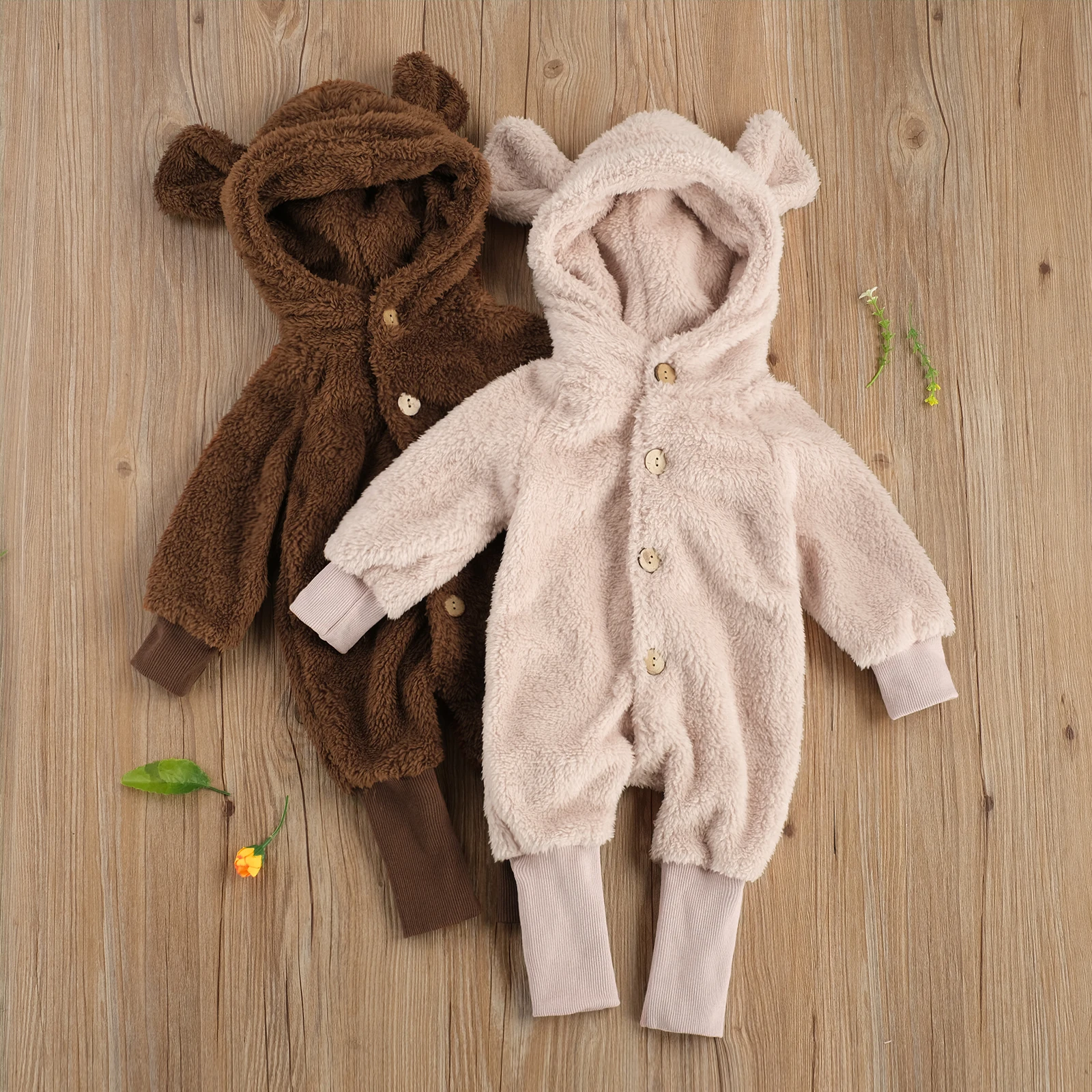 

Однотонные меховые теплые комбинезоны для новорожденных девочек и мальчиков, с 3D ушками, с капюшоном и длинным рукавом, однобортные зимние ...