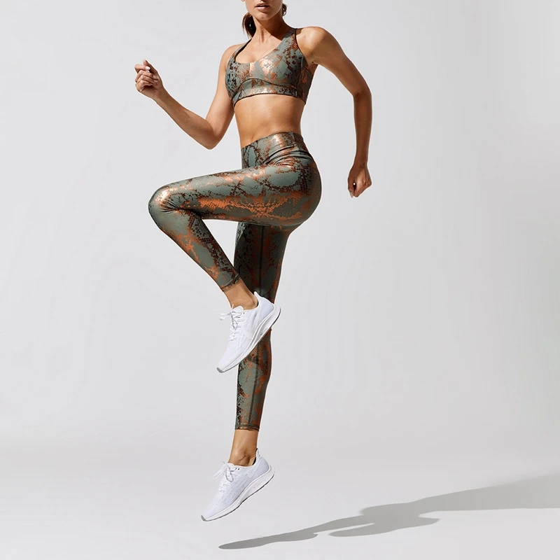 

2021 Snake Print Yoga Set Stretchy Sport Outfit High Waist Compression Push Up Gym Set Women Suit For Fitness Workout Sportswear