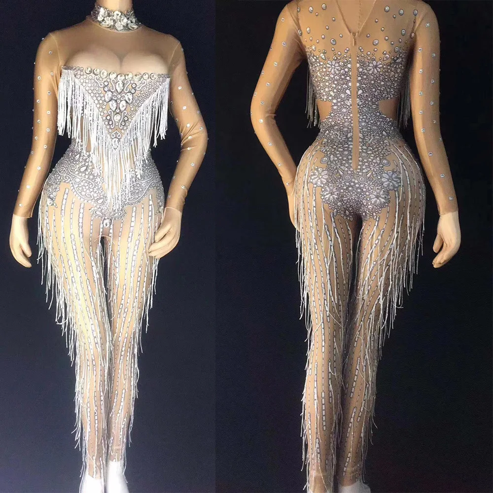 Shining Women Long Sleeve Skinny Mesh Jumpsuits Bar DS Show Stage Performance Silver Tassel Bodysuit Jazz Dance Costumes