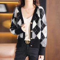 autumn and winter retro 100 wool cardigan womens v neck short top rhombus lattice knit outer tower loose color matching jacket