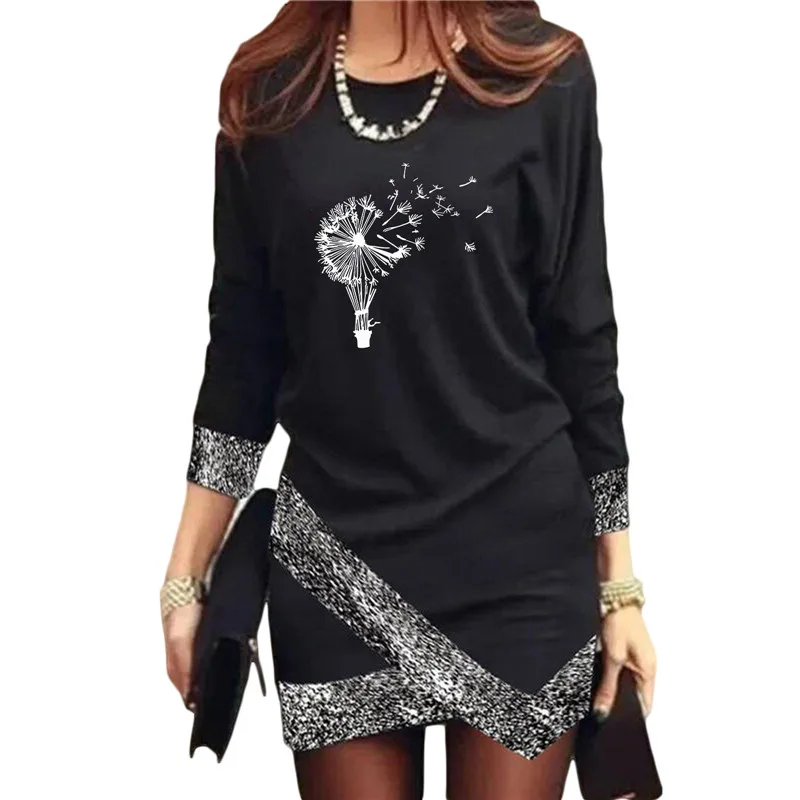 

Женское асимметричное платье с длинным рукавом, черное Повседневное платье в стиле пэчворк с цветочным принтом одуванчика, весна 2022