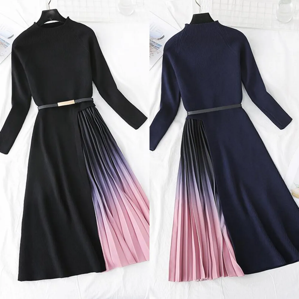 

Autumn Winter High Quality Knitted Dress Women High waist O-neck Slim Sweater Dresses Vintage Long sleeve Warm Pleated Dress