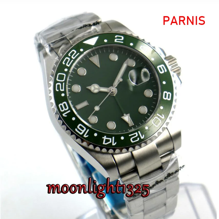 Роскошные брендовые механические часы 43 мм зеленый стерильный циферблат GMT