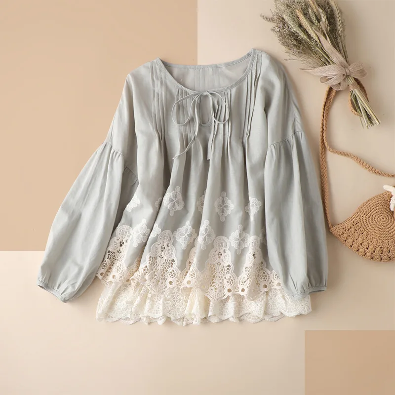 

Shuchan Linen Blusas Mujer De Moda 2021 Verano Long Sleeve Top Women Patchwork Lace O-Neck Broadcloth Princess Loose
