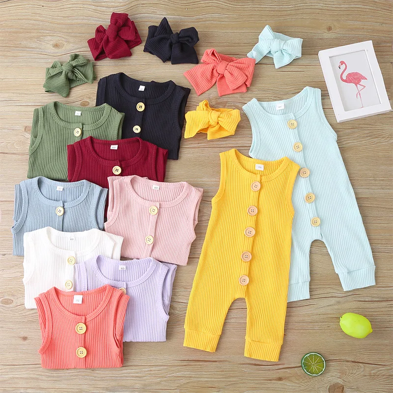 

New summer baby sleeveless jumpsuit solid color cotton comfortable single-breasted newborn romper baby clothes