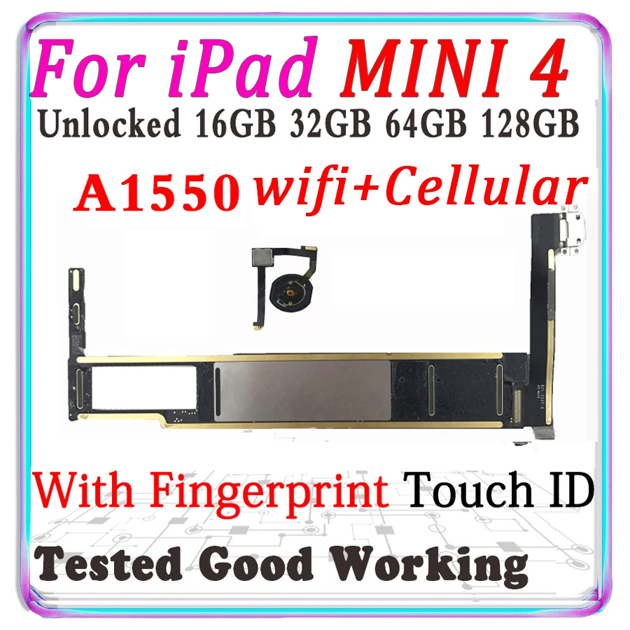 100% Tested Motherboard For iPad mini4 Wifi+Cellular Unlocklogic board mini 4 replacement mainboard with chips A1550 | Мобильные