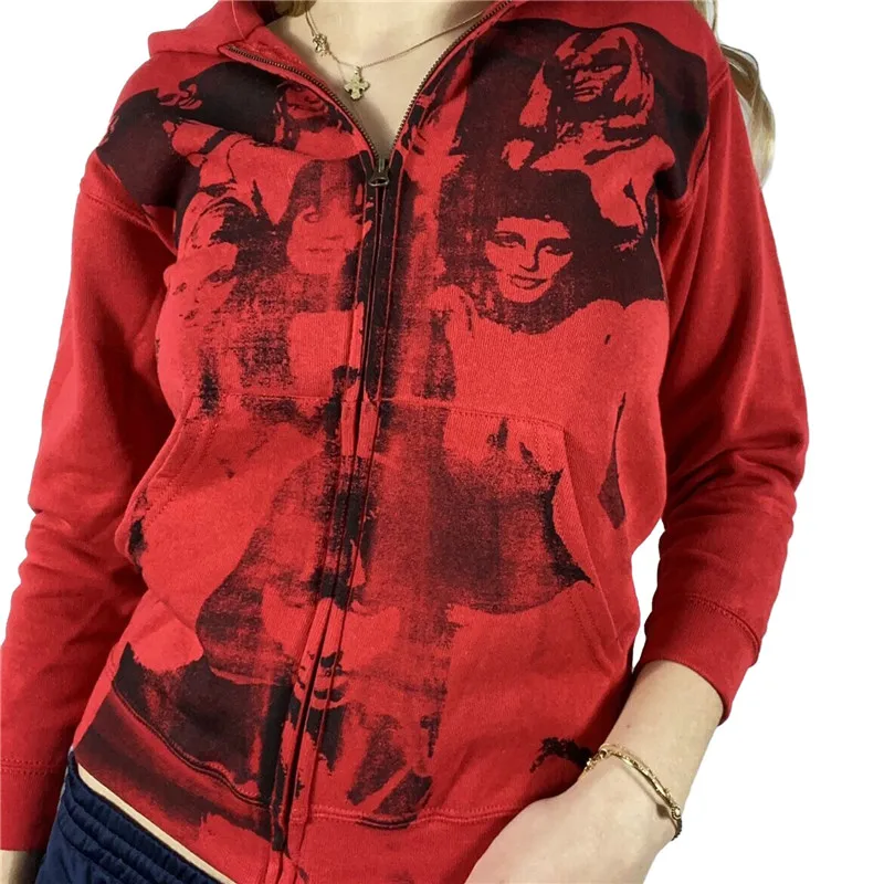 

Portrait Print Hoodies Women Spring Autumn Long Sleeve Zipper Coat Jacket Streetwear Aesthetic Gothic Sweatshirts Outwear