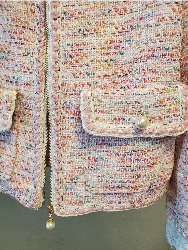 

Women Pink Jacket Round Collar Long Sleeve Spliced Lace Zipper Pocket Pearls Tweed Jacket Coat Female Short Wool Outwear