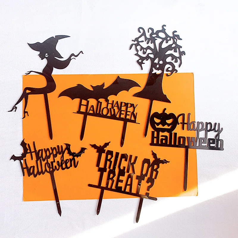 

Black Acrylic Cake Topper Happy Halloween Pumpkin Bat Witch cake topper Halloween Trick or Treat Baking Party decorations