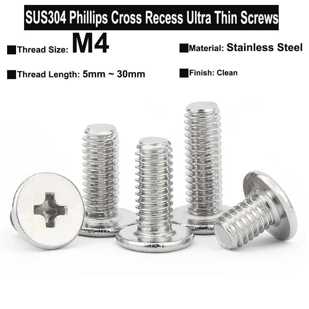 

30Pcs / 20Pcs / 10Pcs M4x5mm ~ 30mm SUS304 Stainless Steel Phillips Cross Recess Ultra Thin Oversized Round Head CM Screws