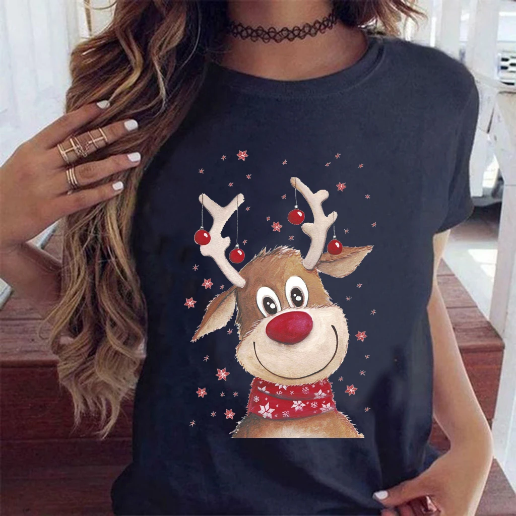 

100% Cotton Ladies Unisex Fashion Black Tshirts Merry Christmas Reindeer Graphic Women T-shirt Boys Girls Casual Harajuku Tops