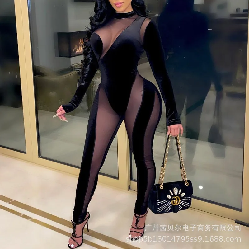 

WEPBEL Women's Sexy Stitching Mesh Slim Jumpsuits Spring Autumn Fashion Long Sleeve O-Neck High Waist Pencil Jumpsuits