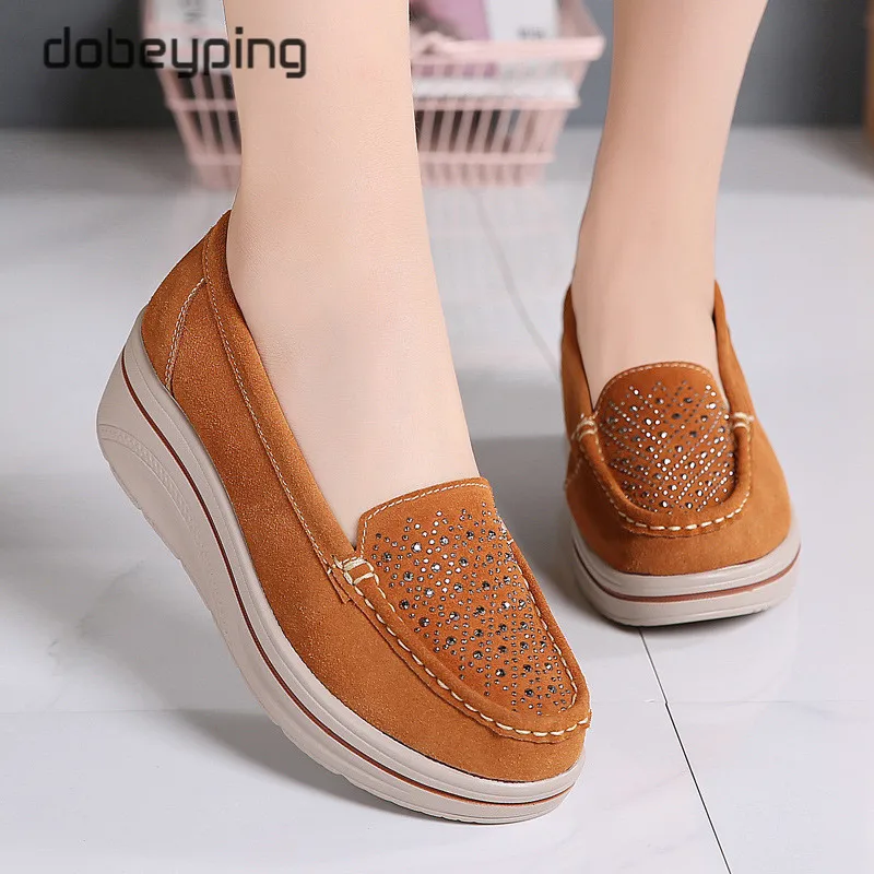 Spring Autumn Women Flats Shoes Platform Female Sneakers Moccasins Shoes Woman Crystal Slip On Shoe Suede Leather Ladies Loafers