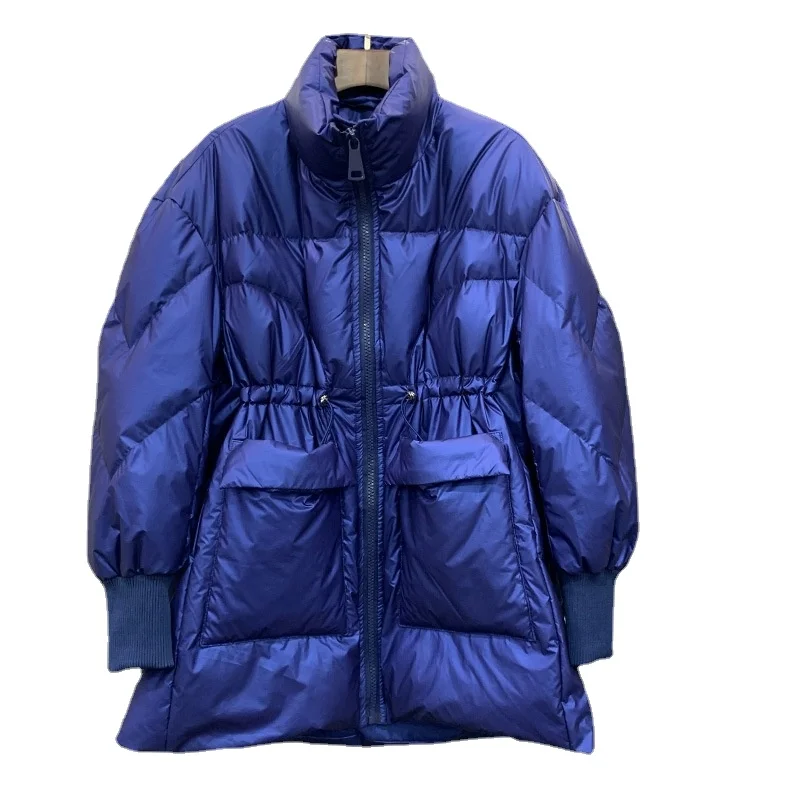 

White Duck down Glossy down Jacket Women's Mid-Length Loose Cinched Drawstring Stand Collar Coat