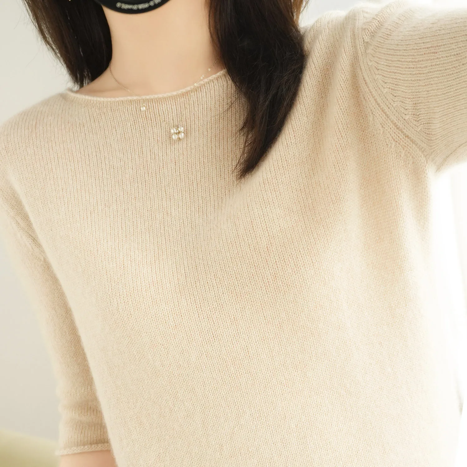 

women's sweater short sleeves solid curling o-neck knitted top short stylish casual pullover jumper elastic jacket sweater