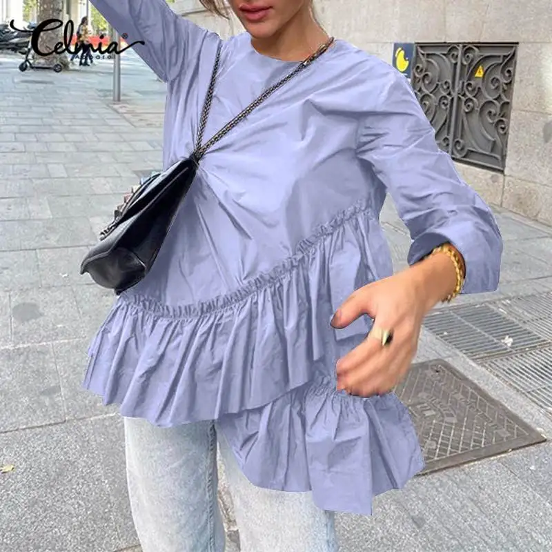 

Women's 2021 Stylish Ruffles Hem Blouses Celmia Elegant O Neck Asymmetrical Oversize Blusas Casual Loose Long Sleeve Tunic Tops