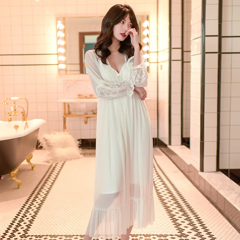 Women's Nightdress Court Lace Seductive Sexy Two Piece Suspender Nightdress Long Modal Home Wear with Chest Pad Robe Sets