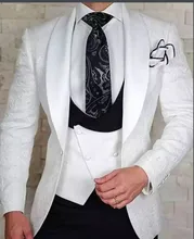 White Floral Wedding Tuxedo for Groom 3 Piece Slim Fit Double Breasted Waistcoat Jacket with Black Pants Male Fashion Costume (2)