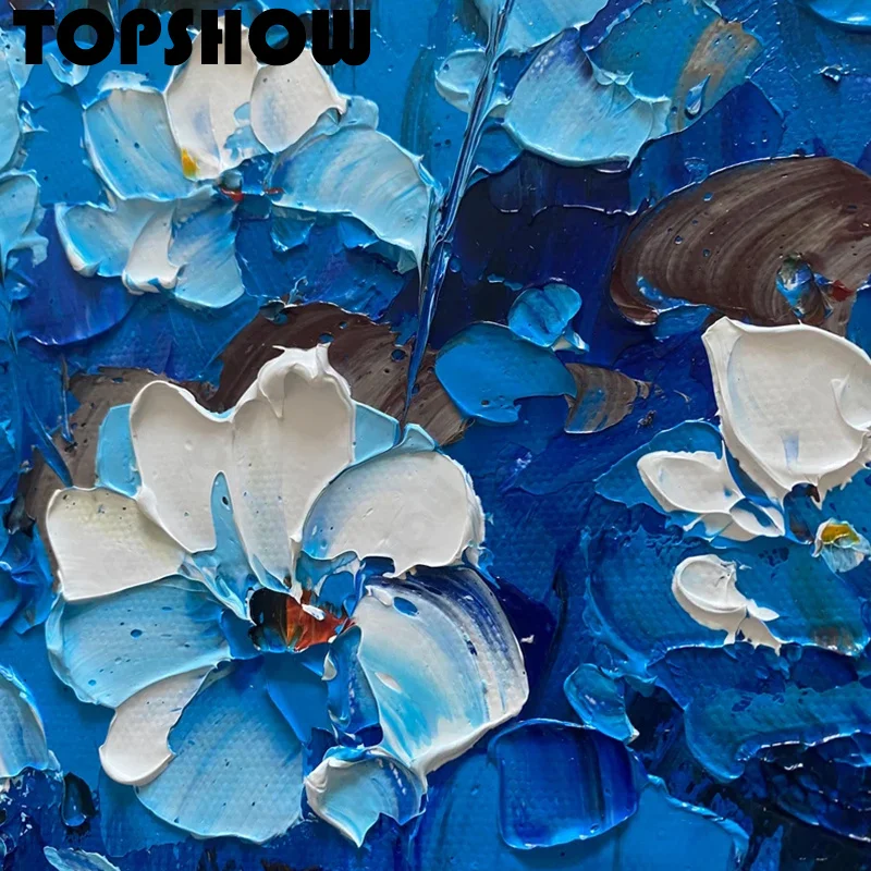 Большая оригинальная Абстрактная живопись с голубым небом и цветами Ручная