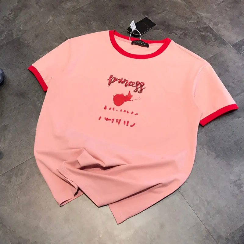 

Женская летняя футболка с коротким рукавом, розовая футболка с круглым вырезом и принтом букв, с сердечками, лето 2021