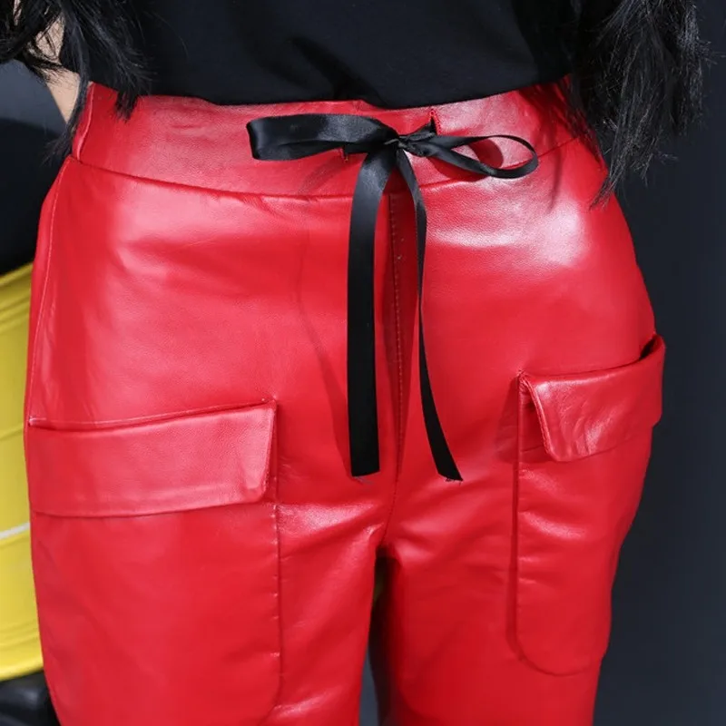 

Women Top Quality Sheepskin Genuine Leather Knee Length Harem Pants Boyfriend Hip Hop Streetwear Trousers Loose Fit Short Pants