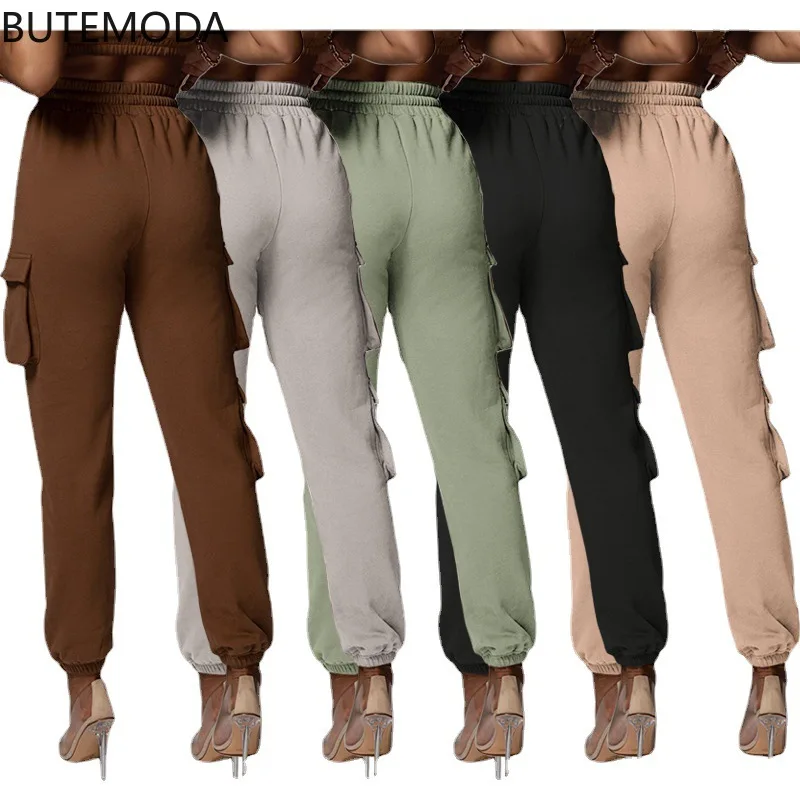 

Butemoda Summer Women's Pants Elastic Waist Solid Color Pocket Pants for Women 2021 Casual Plus Size Sport Pencil Pants Woman
