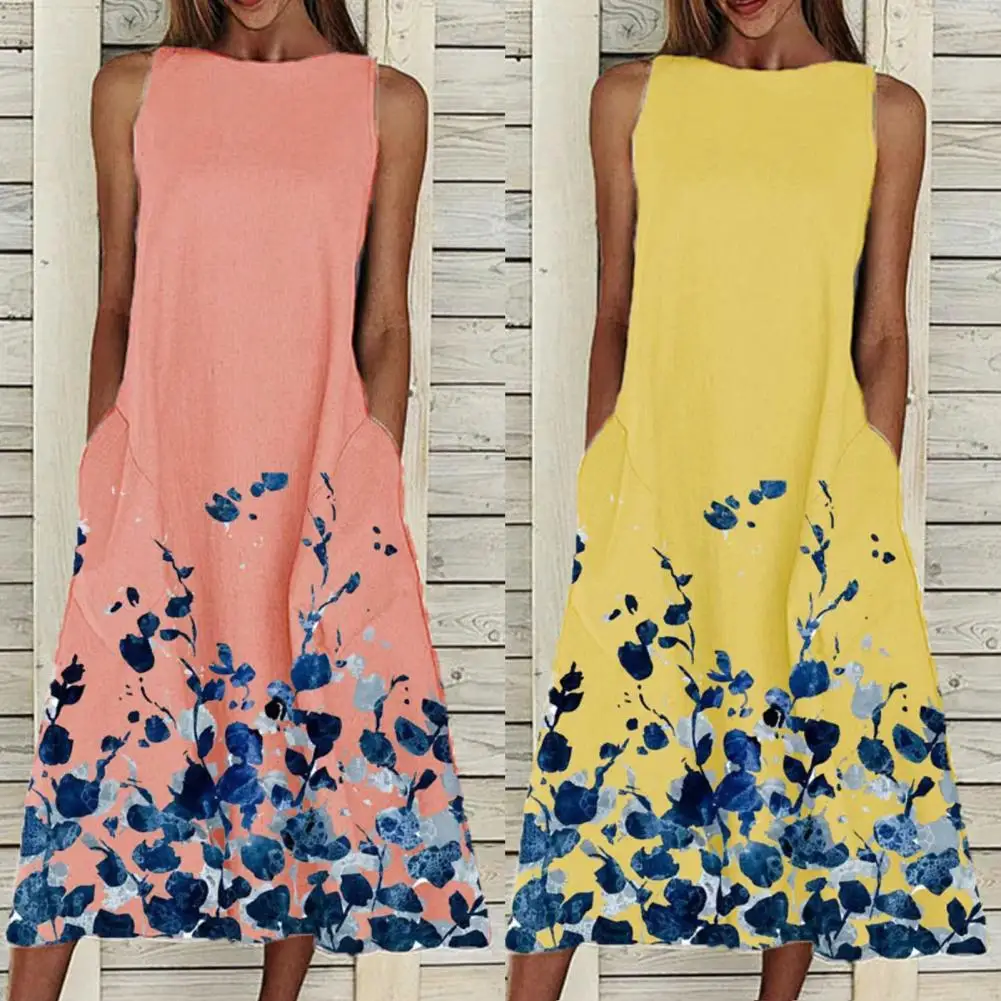 

Summer Dress Women Long Casual Plus Size Dresses Women Floral Print Sleeveless A-Line Round Neck Midi Long Dress Sundress Beach