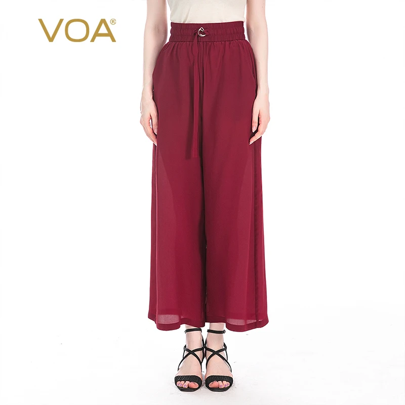 

VOA Silk 16m/m Wine Red High Waist Woman Trousers K1937 Elastic Waist Stylish Wide Leg Pants For Women 2021 Spring Fashion