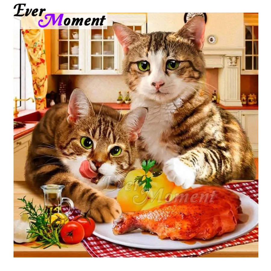 

Алмазная живопись Ever Moment, хобби, художественная работа, мозаика, кошки, едят курицу, украшение для кухни, 5D алмазная вышивка, S2F2291